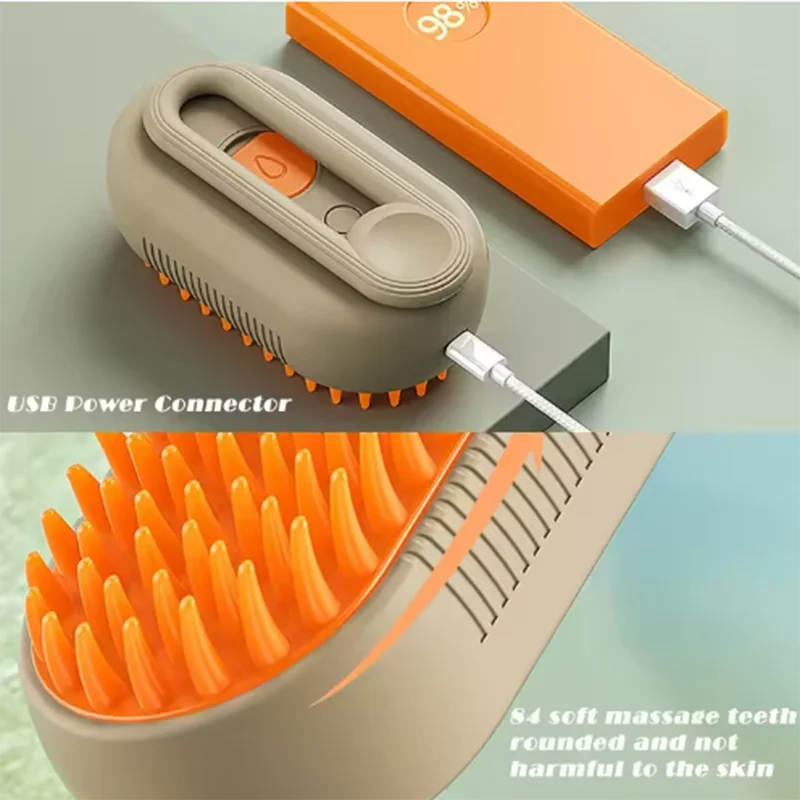 USB rechargeable pet brush with ergonomic grip and gentle massage bristles