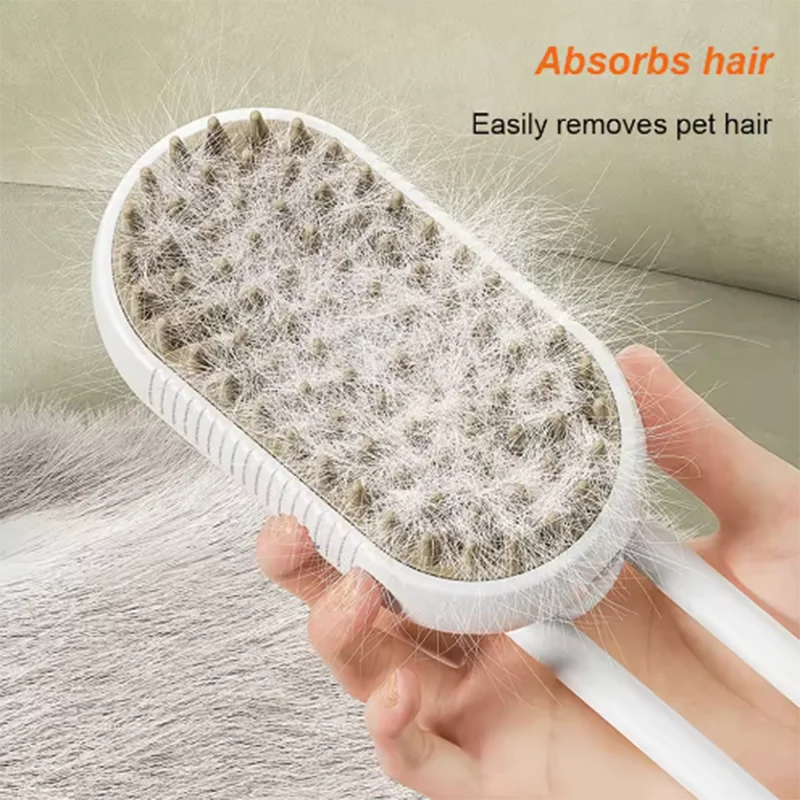 Cordless pet grooming tool removing loose hair and detangling fur with steam mist