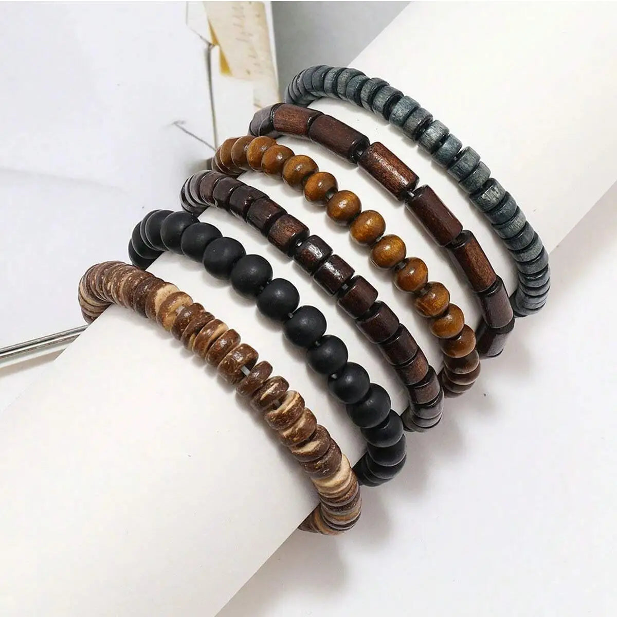 6PCS Wooden & Coconut Beaded Bracelets – Vintage Wrap Leather Set for Men