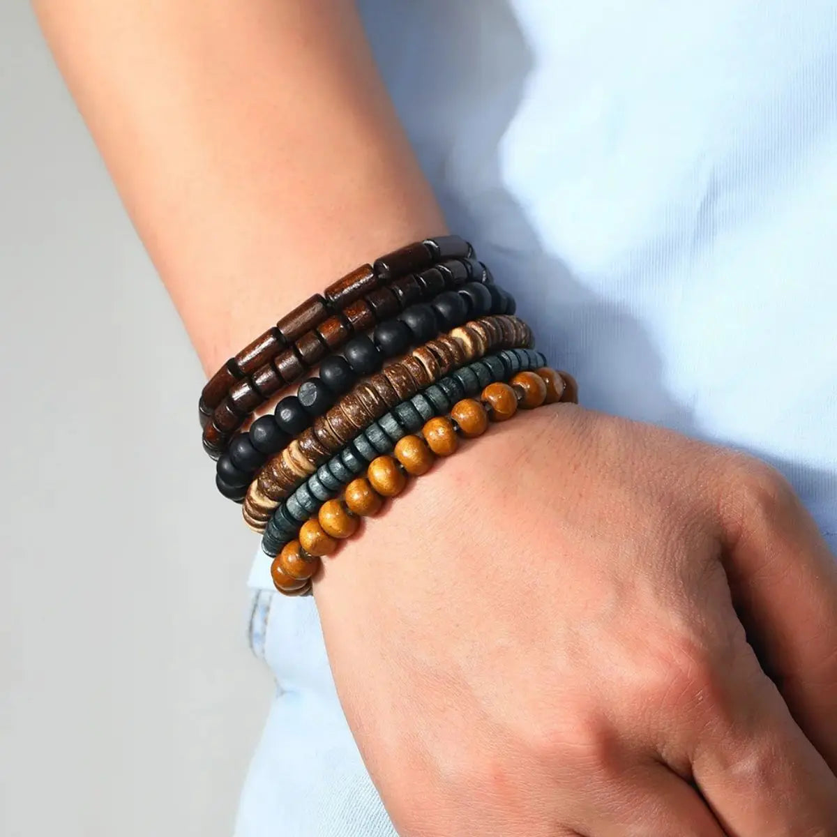 6PCS Wooden & Coconut Beaded Bracelets – Vintage Wrap Leather Set for Men