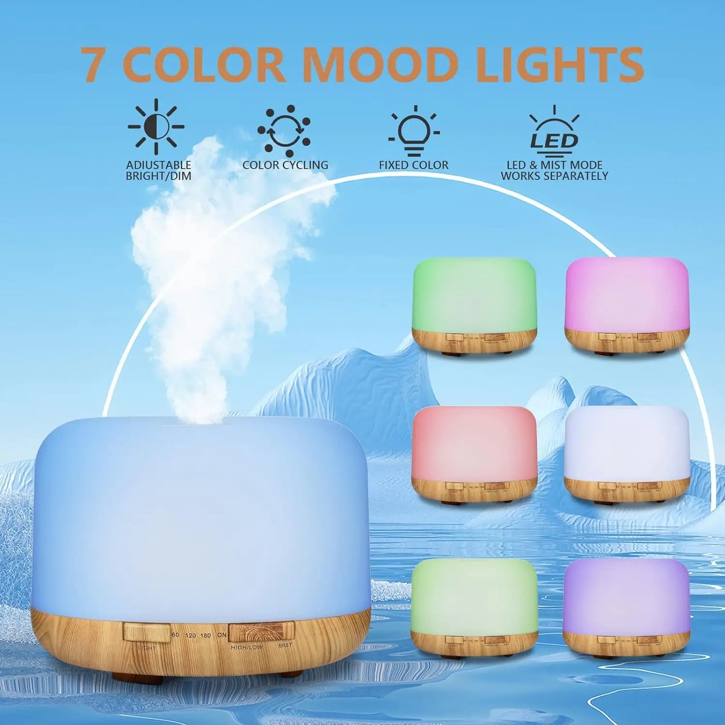 500ML wood grain aroma diffuser with USB power, remote control, and seven-color LED night lights for home aromatherapy