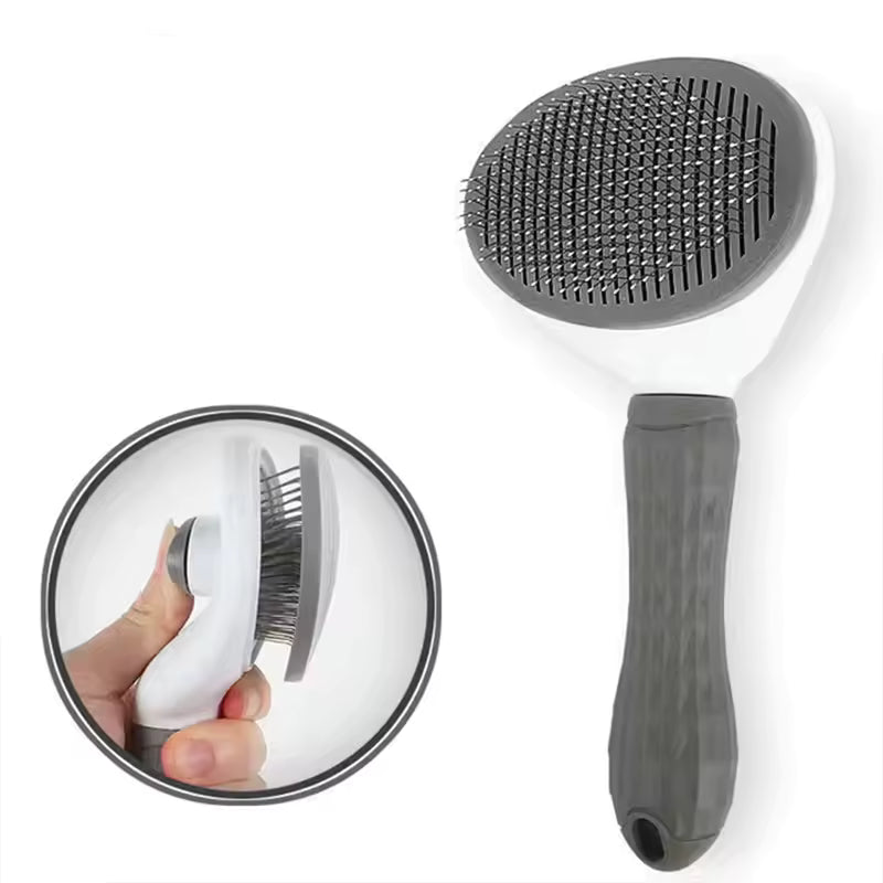 Cat being groomed with one-click pet hair removal brush.