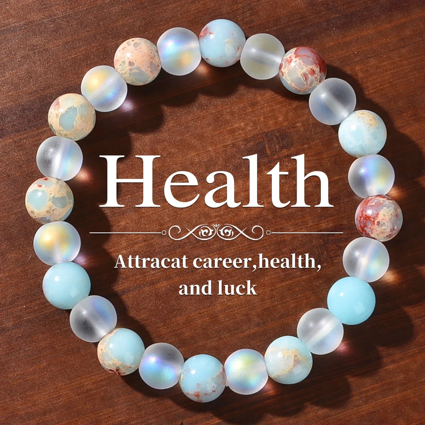 Unisex crystal bracelet made with Aura Quartz and Ocean Sediment beads – promotes abundance and spiritual clarity