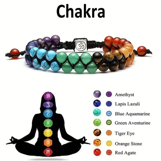 7 Chakra bracelet with colorful healing stones and a silhouette of a meditating figure showing chakra alignment.
