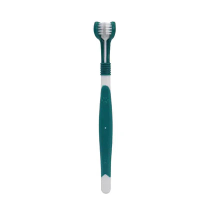 Three-sided pet toothbrush gently brushing dog’s teeth