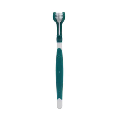 Three-sided pet toothbrush gently brushing dog’s teeth