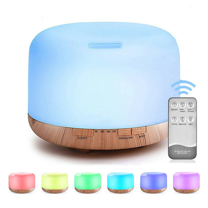 Aromatherapy diffuser with wooden base and remote control, featuring LED color options.