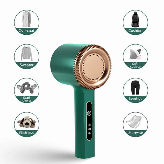 Rechargeable lint remover with copper head and green body, shown with icons for sweaters, coats, cushions, plush toys, and more—versatile fabric shaver for clothing and home textiles.