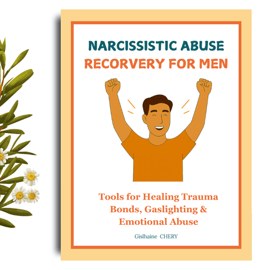 Book cover of 'Narcissistic Abuse Recovery for Men' with a man raising his fists and greenery on the side.