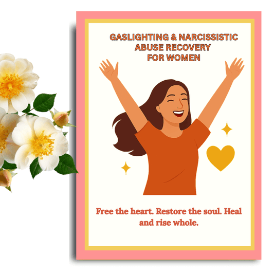 Poster with illustration of a woman with raised arms, flowers on the side, and text about abuse recovery.