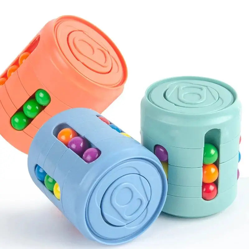 Pastel puzzle toys with colorful beads in vertical slots, designed for twisting and color matching.