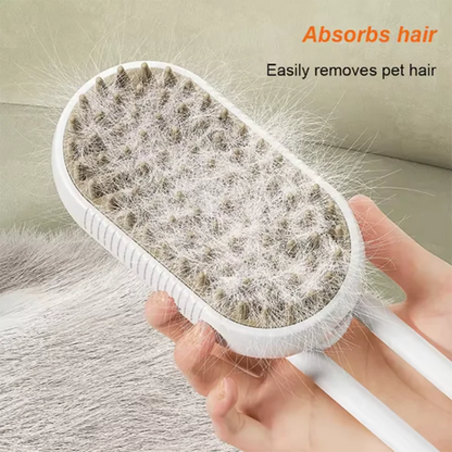 Cordless pet grooming tool removing loose hair and detangling fur with steam mist