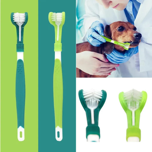 Three-sided pet toothbrush with soft bristles for dogs and cats
