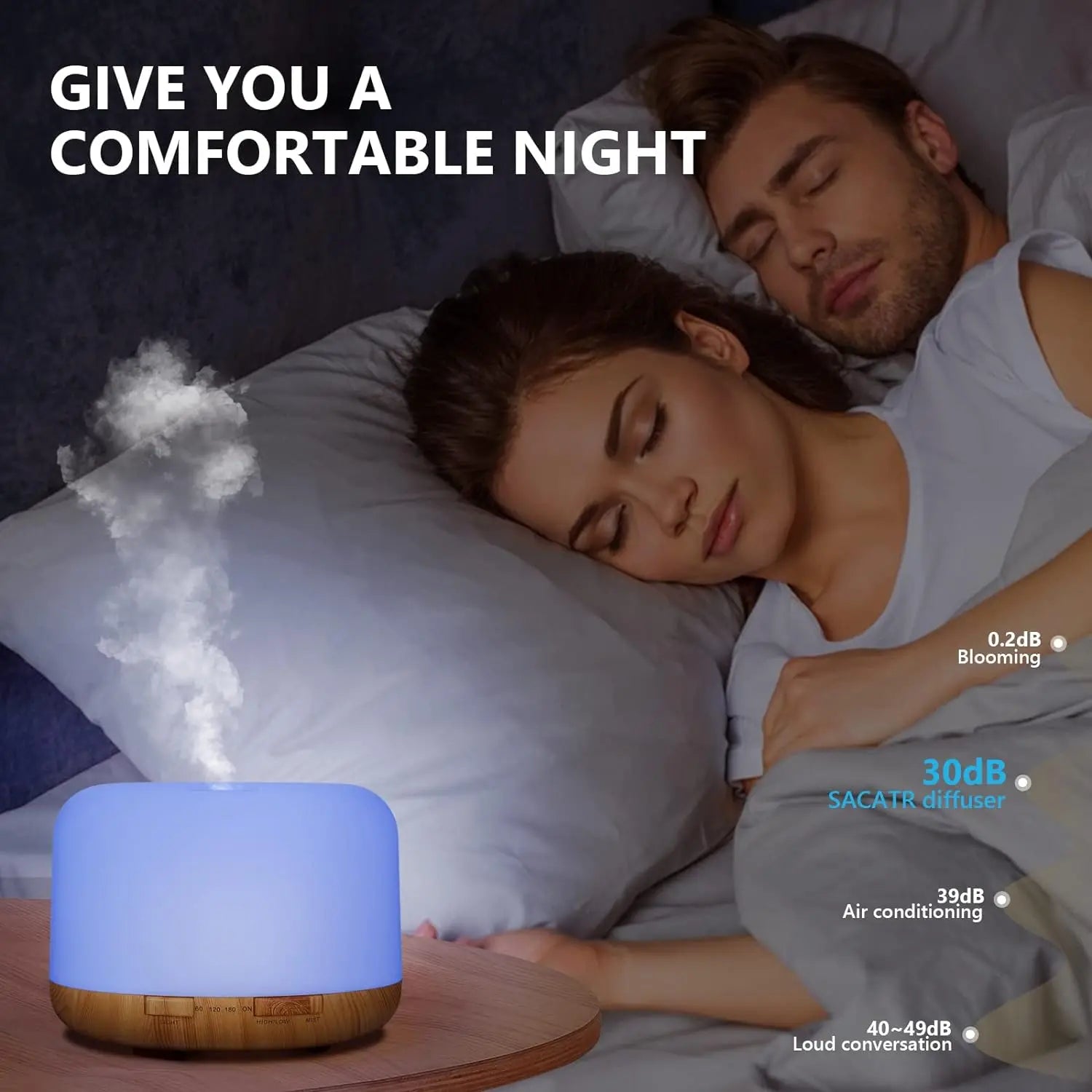 Couple sleeping with an essential oil diffuser on a nightstand