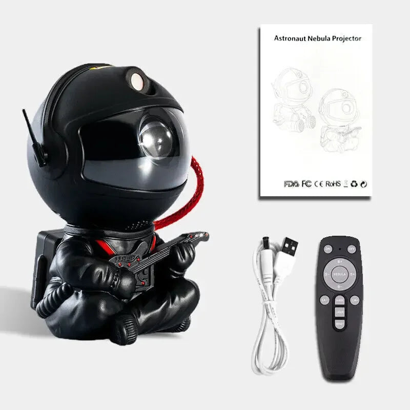 Astronaut Nebula Projector with remote control, cable, and packaging on a white background