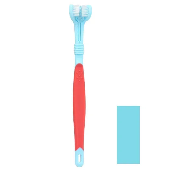 Three-sided pet toothbrush with soft bristles for dogs and cats
