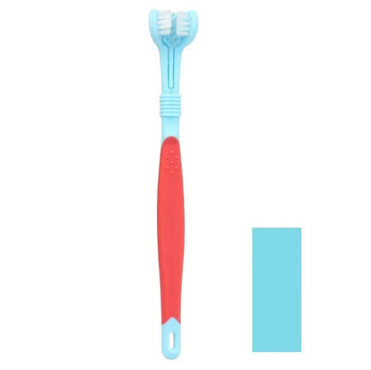 Three-sided pet toothbrush with soft bristles for dogs and cats
