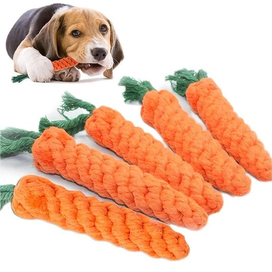 Carrot-shaped cotton rope chew toy for medium dogs, shown in close-up to highlight durable texture and knot design.