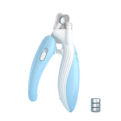Ergonomic pet nail clipper held in hand, showing comfort grip and LED feature