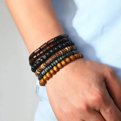 6PCS Wooden & Coconut Beaded Bracelets – Vintage Wrap Leather Set for Men