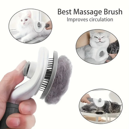 Pet grooming brush with one-click hair release and ergonomic handle.