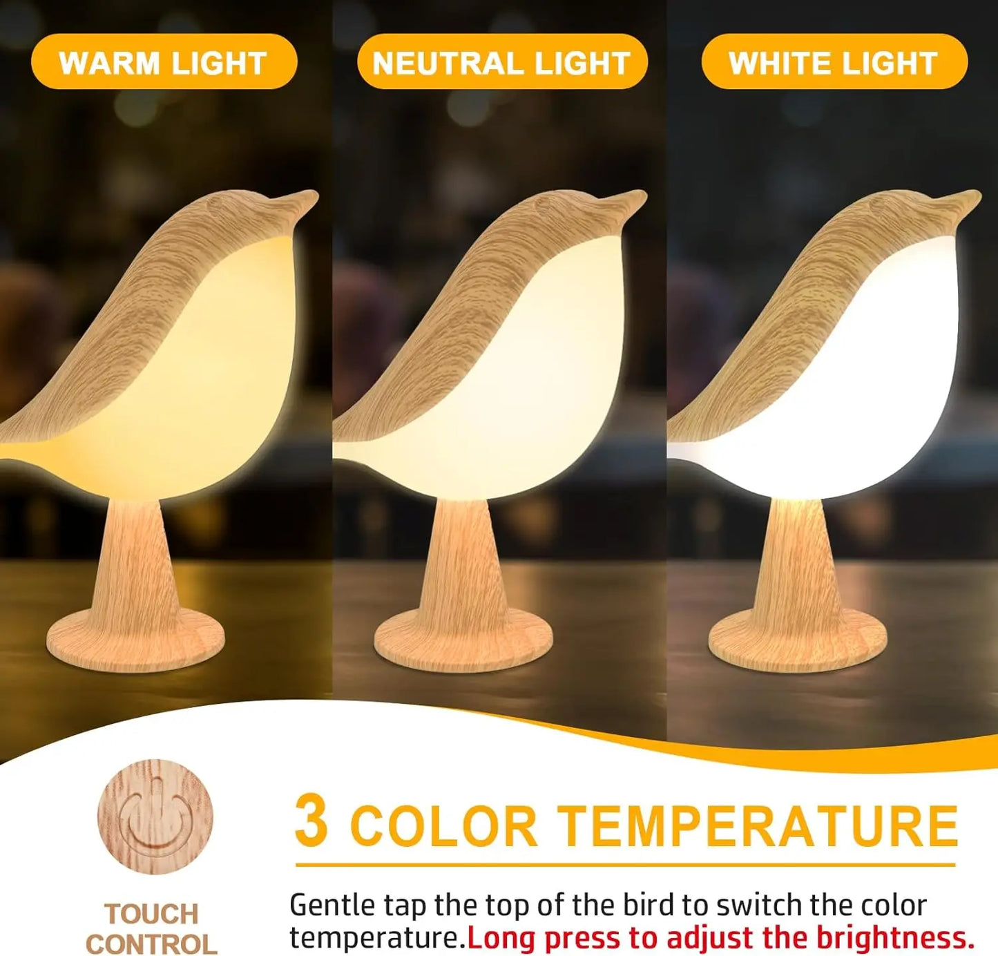 Small Desk Lamp, Bird Lamp Bedside Lamps with 3 Color Temperature and Touch Sensor,Cordless Lamp Kids Night Light