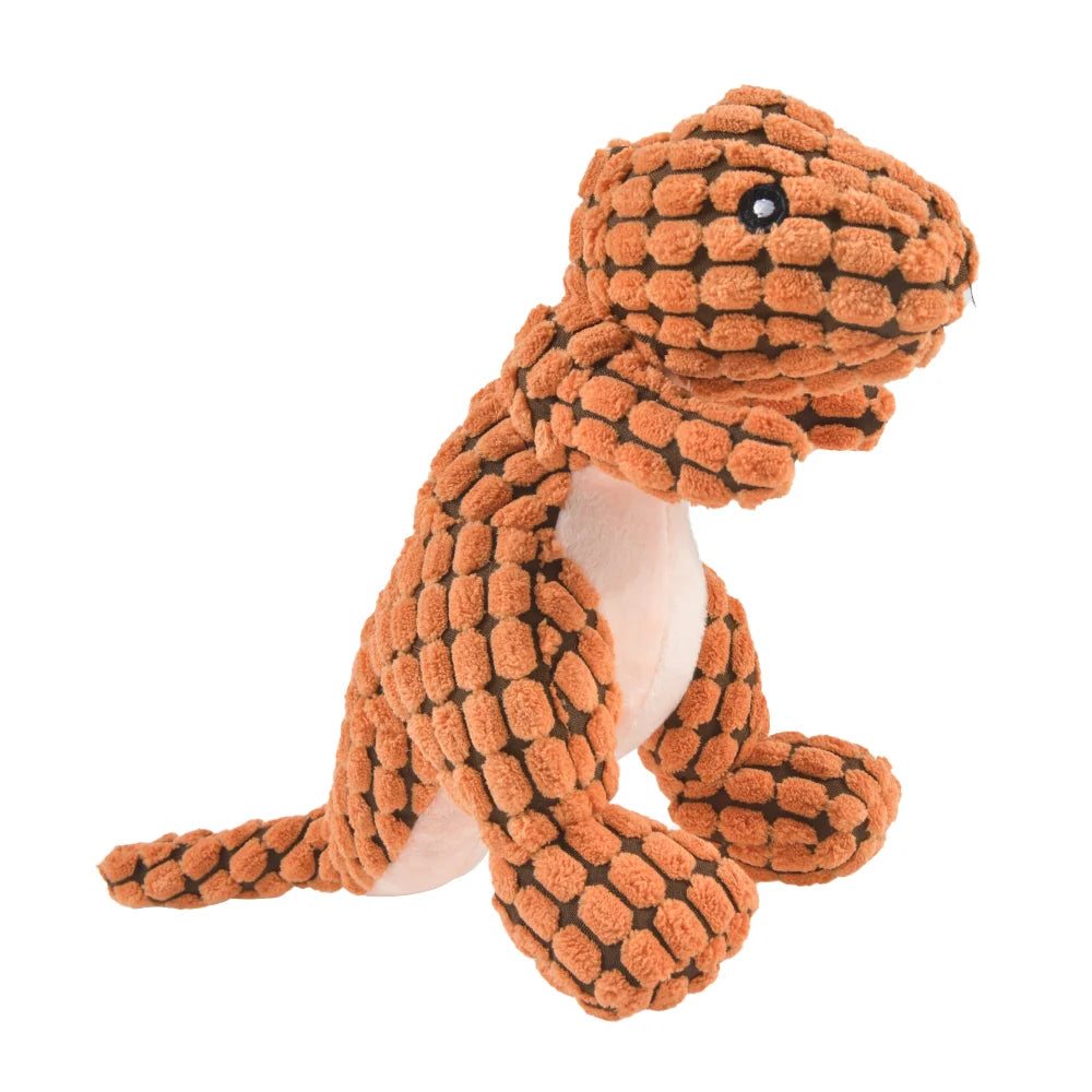 orange plush dinosaur dog toy with soft texture.