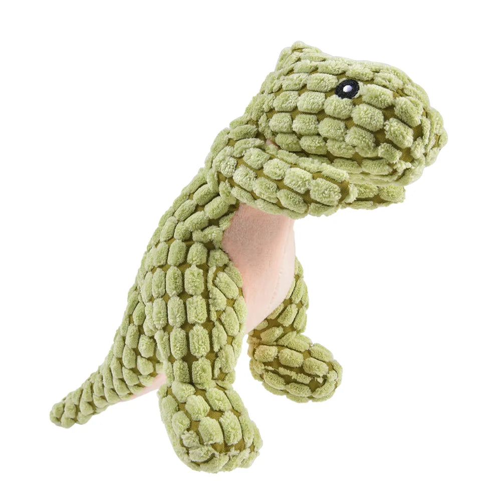 Green plush dinosaur toy for teething puppies.