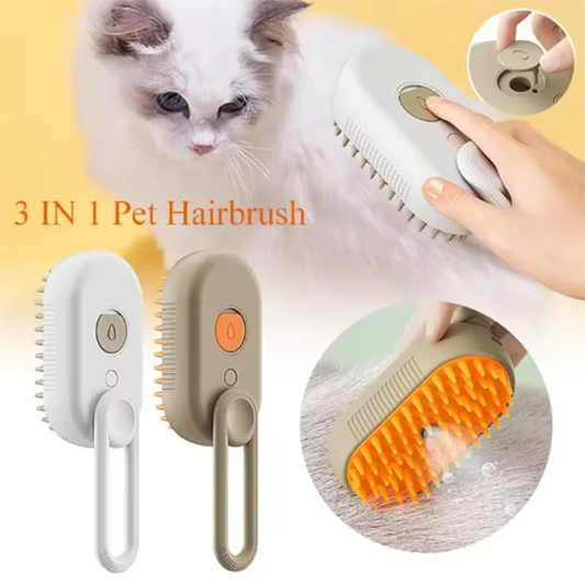 SteamGlow 3-in-1 electric pet grooming brush with steam mist and hair removal comb for cats and small dogs