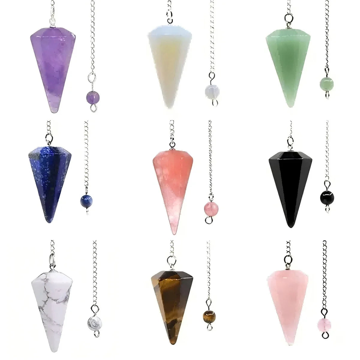 Collection of colorful crystal pendulums on a white background