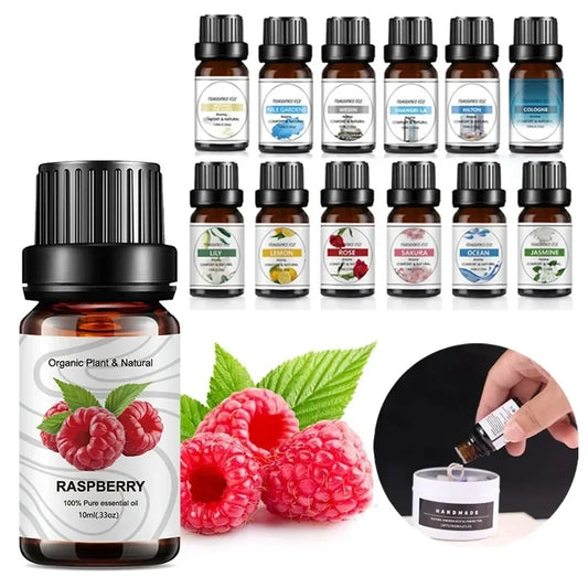 Collection of essential oil bottles with labels, raspberry-themed bottle, and usage examples.