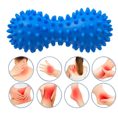 Blue spiky peanut-shaped massage ball placed above seven circular illustrations showing natural red skin discoloration on painful body areas—neck, shoulder, wrist, elbow, lower back, knee, and ankle—indicating tension or inflammation.