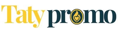 Tatypromo logo featuring bold yellow “Taty” and deep green “promo,” with a stylized “o” containing a flame and heart emblem. Symbolizes emotional connection, poetic branding, and soulful e-commerce identity.
