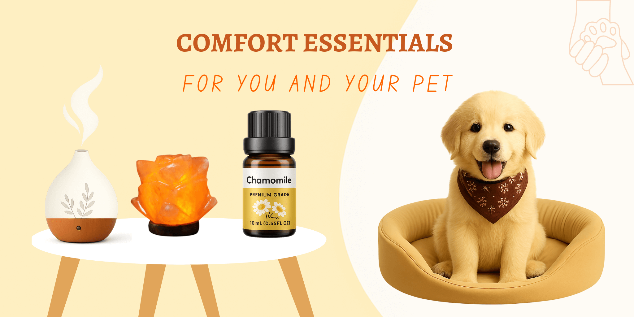 "Comfort Essentials banner featuring aromatherapy diffuser, Himalayan salt lamp, chamomile essential oil, and a happy golden retriever in a cozy pet bed — promoting wellness for both humans and pets"
