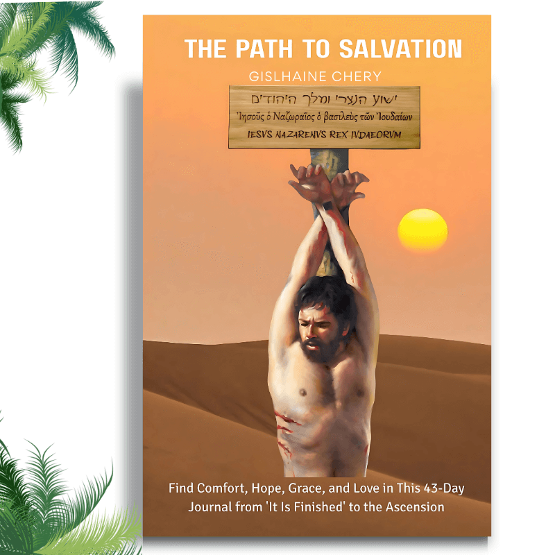 Cover of “The Path to Salvation” by Gislhaine Chery, showing Jesus crucified under a trilingual sign, with a desert sunrise in the background.