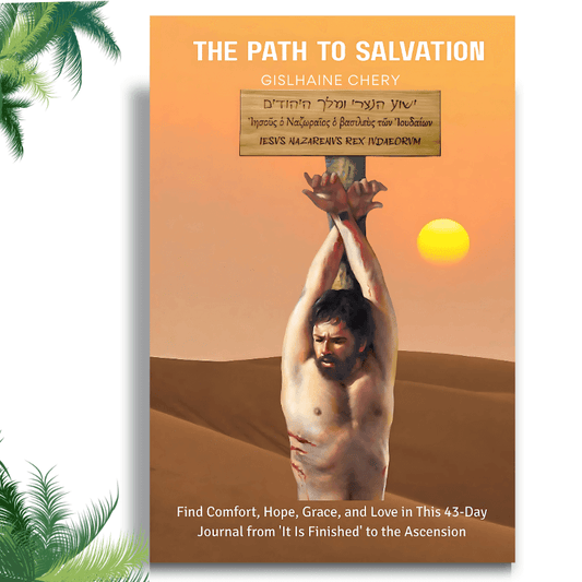 Cover of “The Path to Salvation” by Gislhaine Chery, showing Jesus crucified under a trilingual sign, with a desert sunrise in the background.