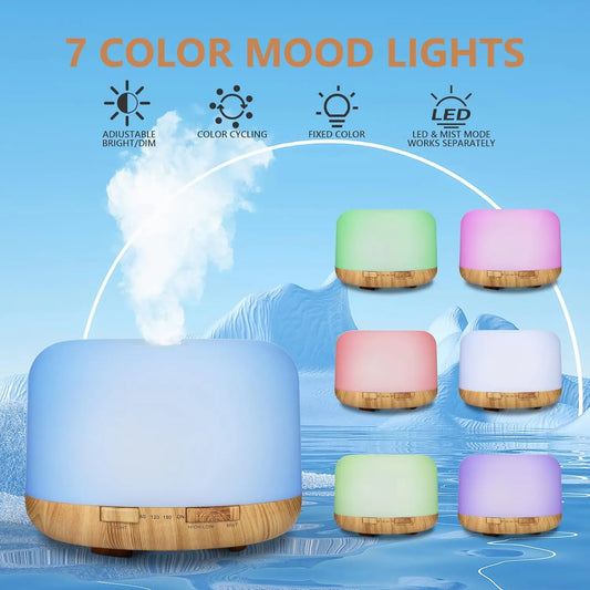 500ML wood grain aroma diffuser with USB power, remote control, and seven-color LED night lights for home aromatherapy