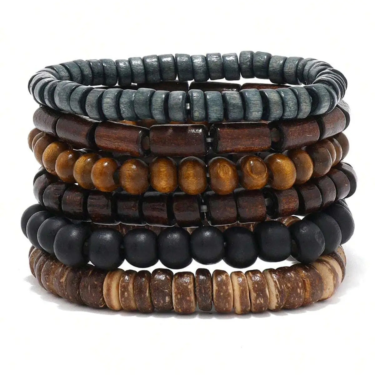 6PCS wooden and coconut beaded bracelets with braided leather – vintage fashion set for men